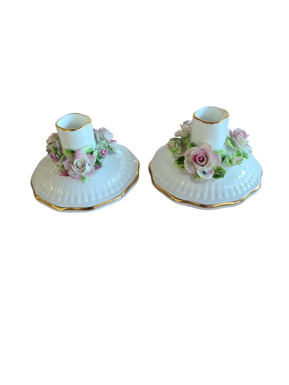 Royal Adderley Floral Bone China Candle Holders Pair Pink Roses England Vintage